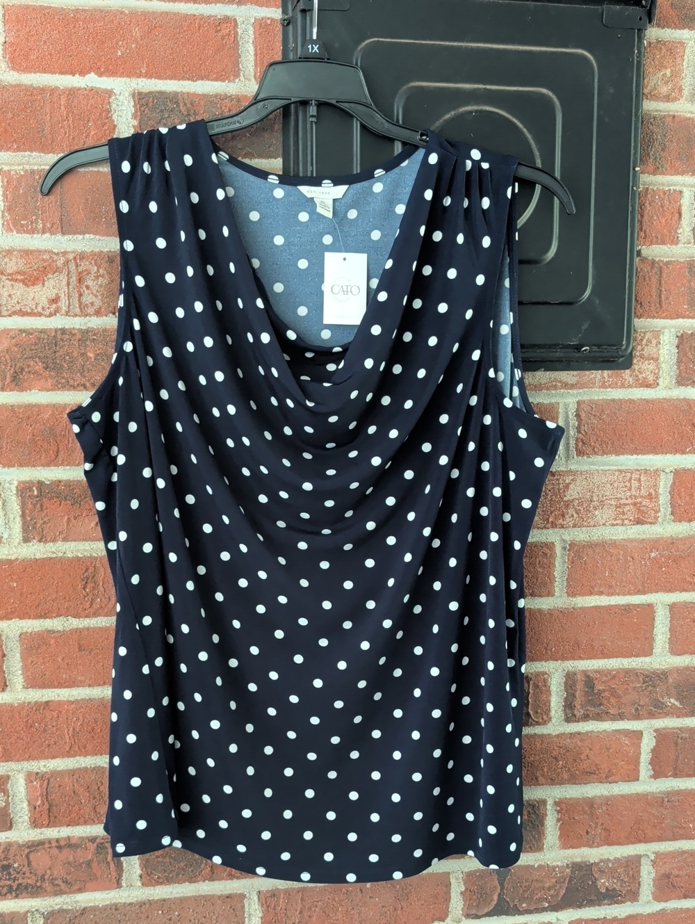 Cato Navy and White Polka Dot Drapey Neck Sleeveless Top Size XL